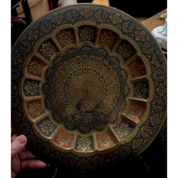 Vintage Brass Peacock Plate Metal Tray Enameled Etched Wall Hanging Decorative - Picture 3 of 11